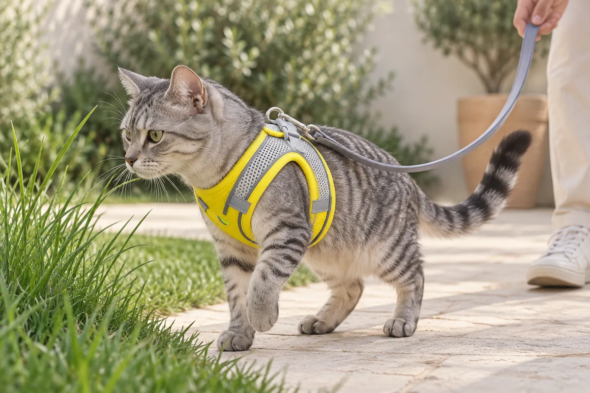Silver tabby walking on a garden path in the yellow Escapaw mesh vest, the grey leash held by a cropped owner