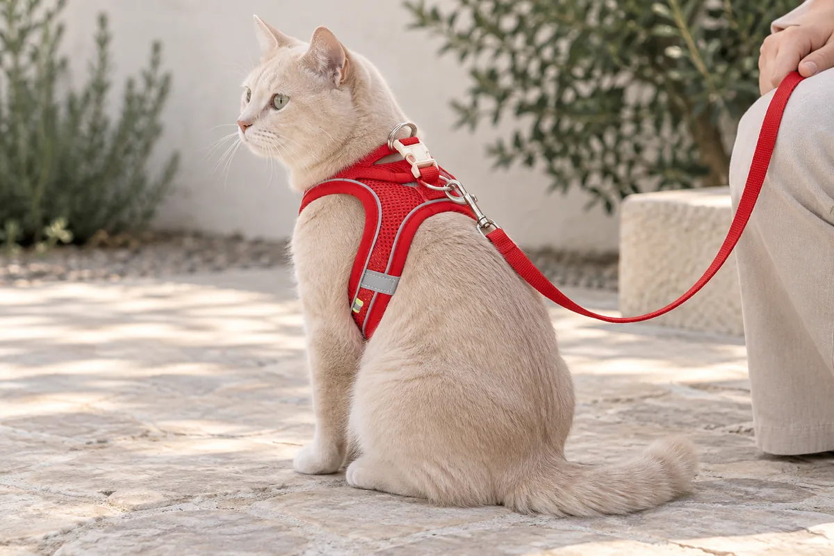 Cream cat sitting upright on a pale stone patio in the red Escapaw mesh vest with its matching red leash