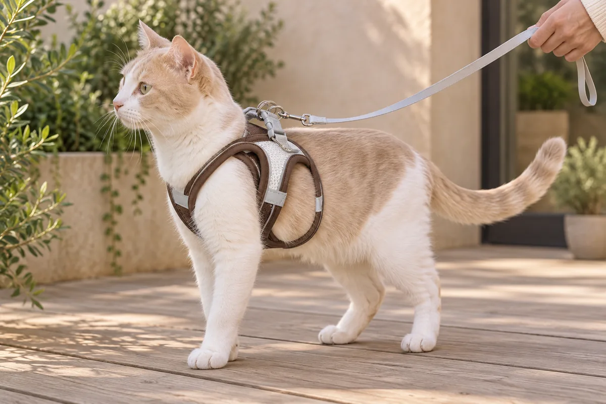 Cream-and-white cat walking on a wooden deck in the brown Escapaw mesh vest, the pale leash running to a cropped hand