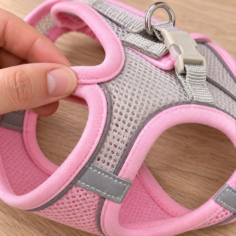 Macro view of the pink Escapaw vest: light grey open mesh meeting the padded pink binding, with a stitched reflective strip