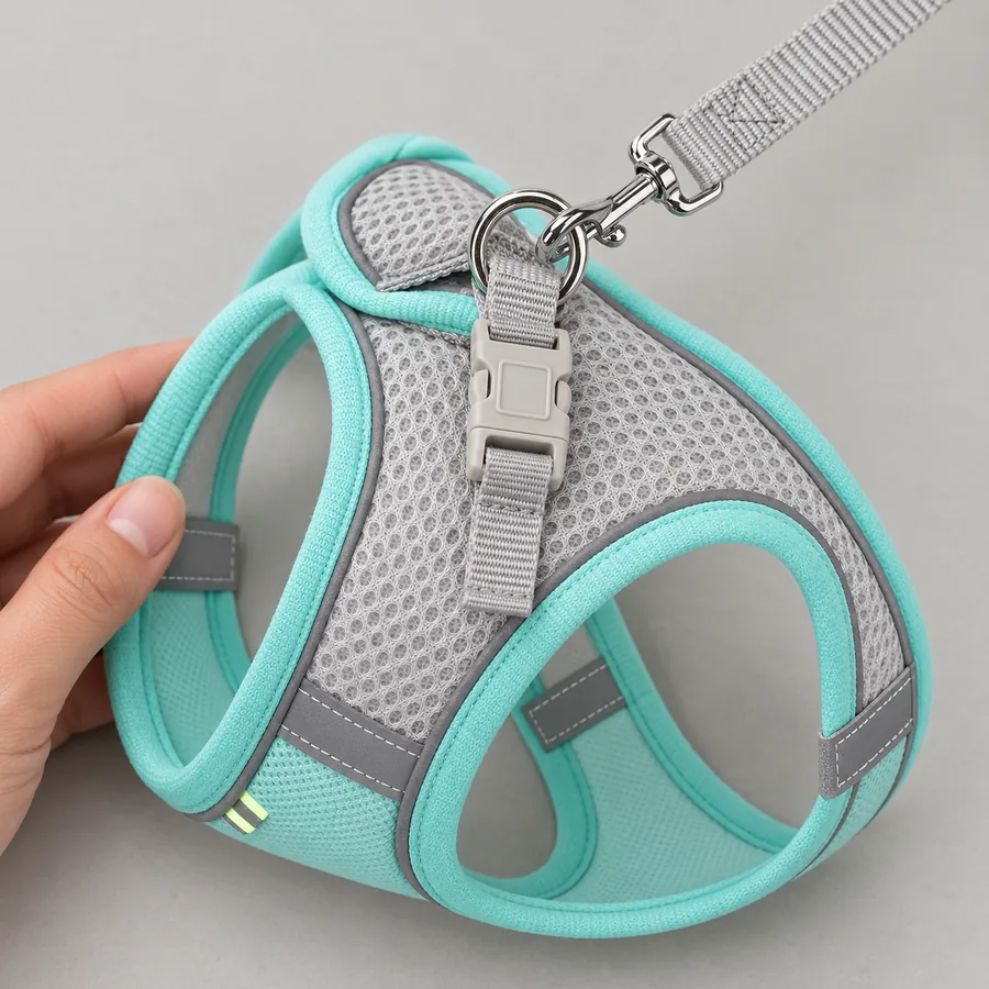 Close-up of the mint vest's dorsal closure: the cream buckle clipped over the hook-and-loop panel, with the metal leash ring above it