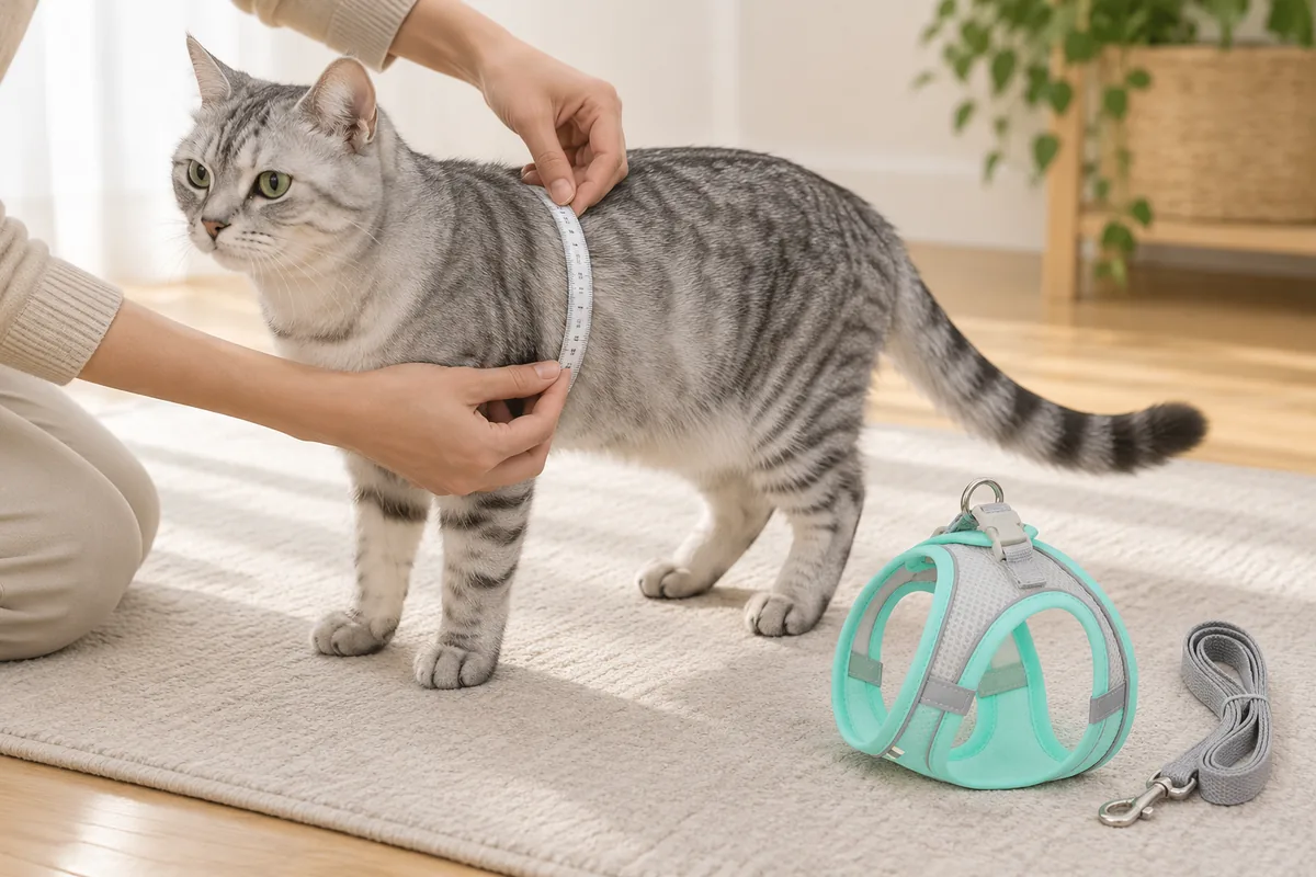 An adult measuring a cat's chest with a soft tape just behind the front legs, the mint Escapaw vest and its leash waiting on the rug