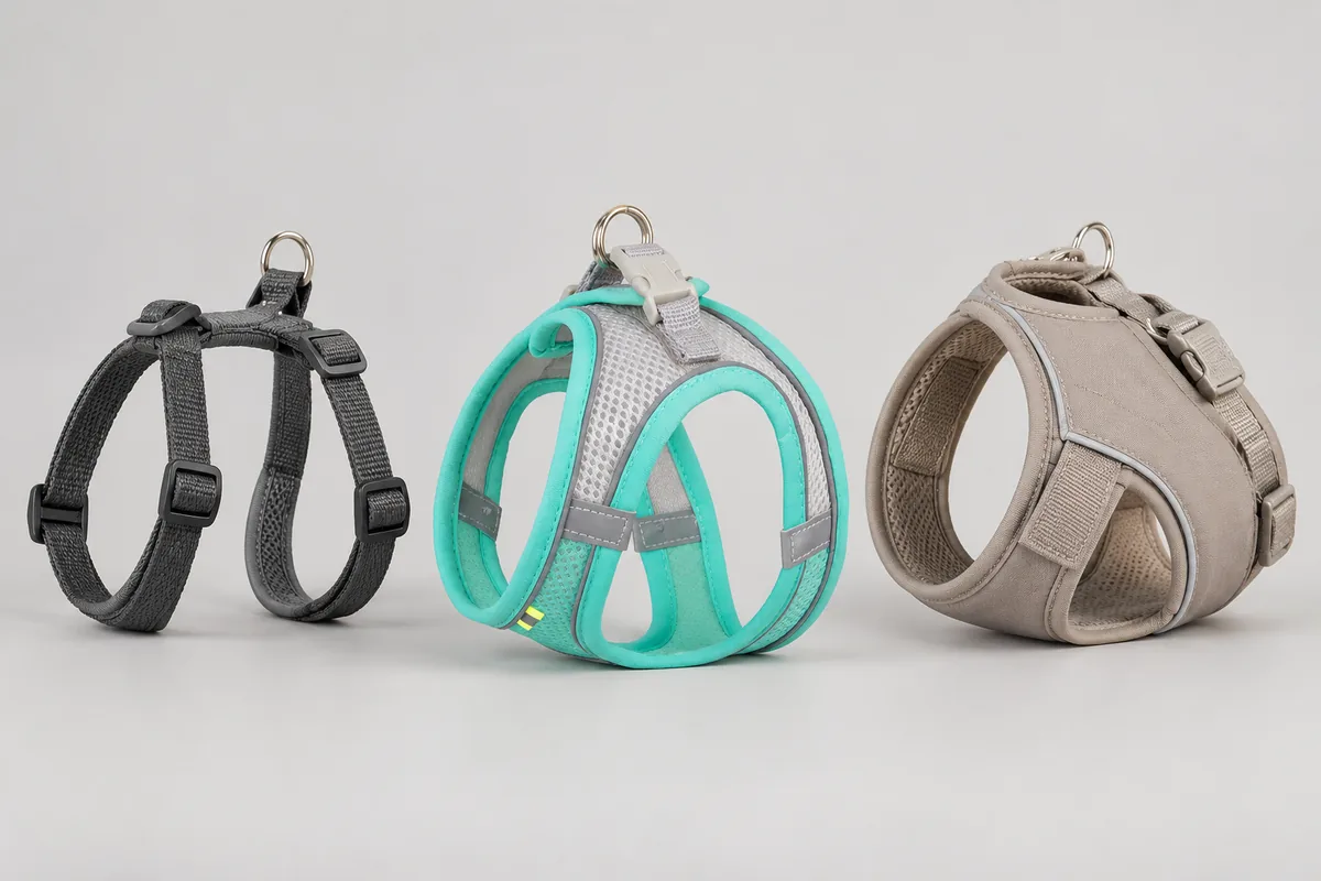 Three cat harness geometries side by side: a strap H-harness, the Escapaw mesh vest and a full-body walking jacket
