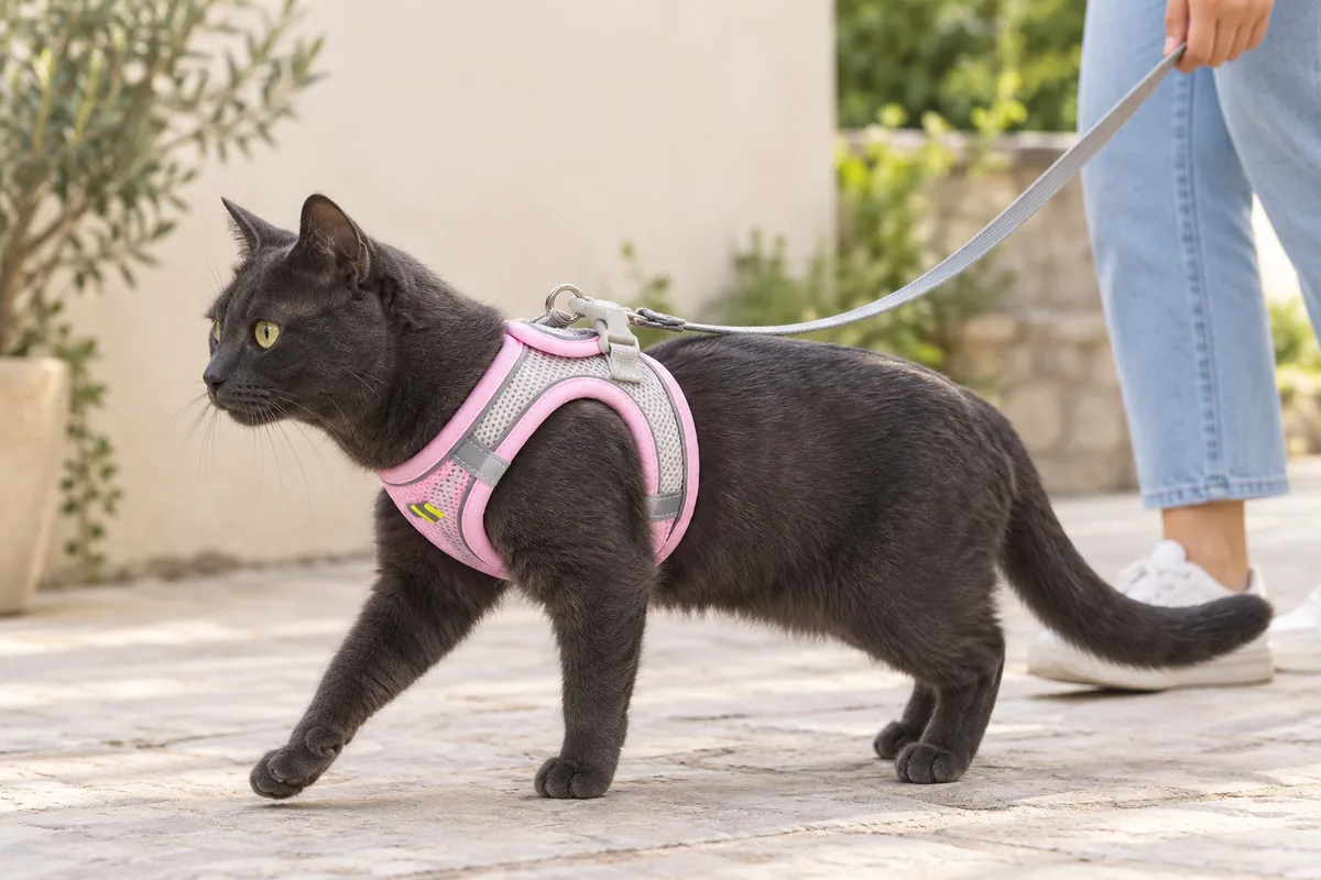 Dark charcoal cat walking on a pale stone patio in the pink Escapaw mesh vest, the padded leg opening clear of the elbow