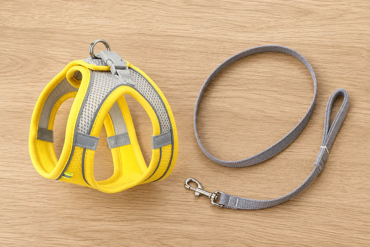 The yellow Escapaw mesh vest and its matching grey leash laid out together on a pale wooden surface