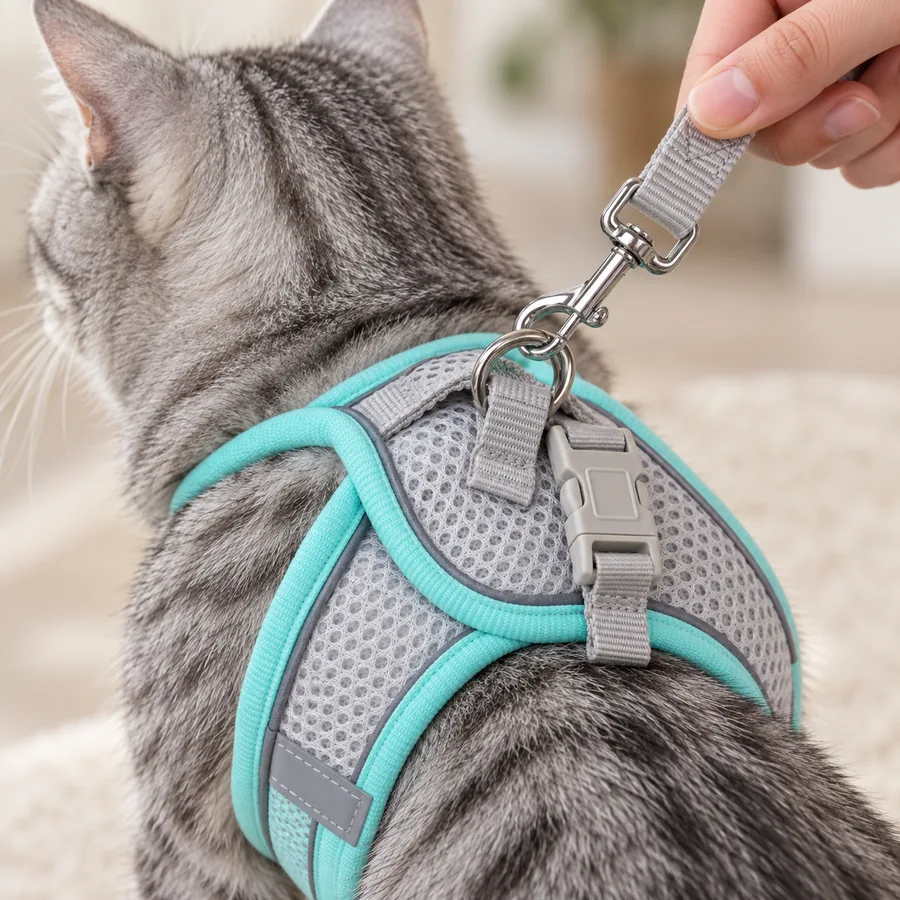 Close-up of the leash snap hook being clipped through the silver dorsal rings of the mint Escapaw vest worn by a cat