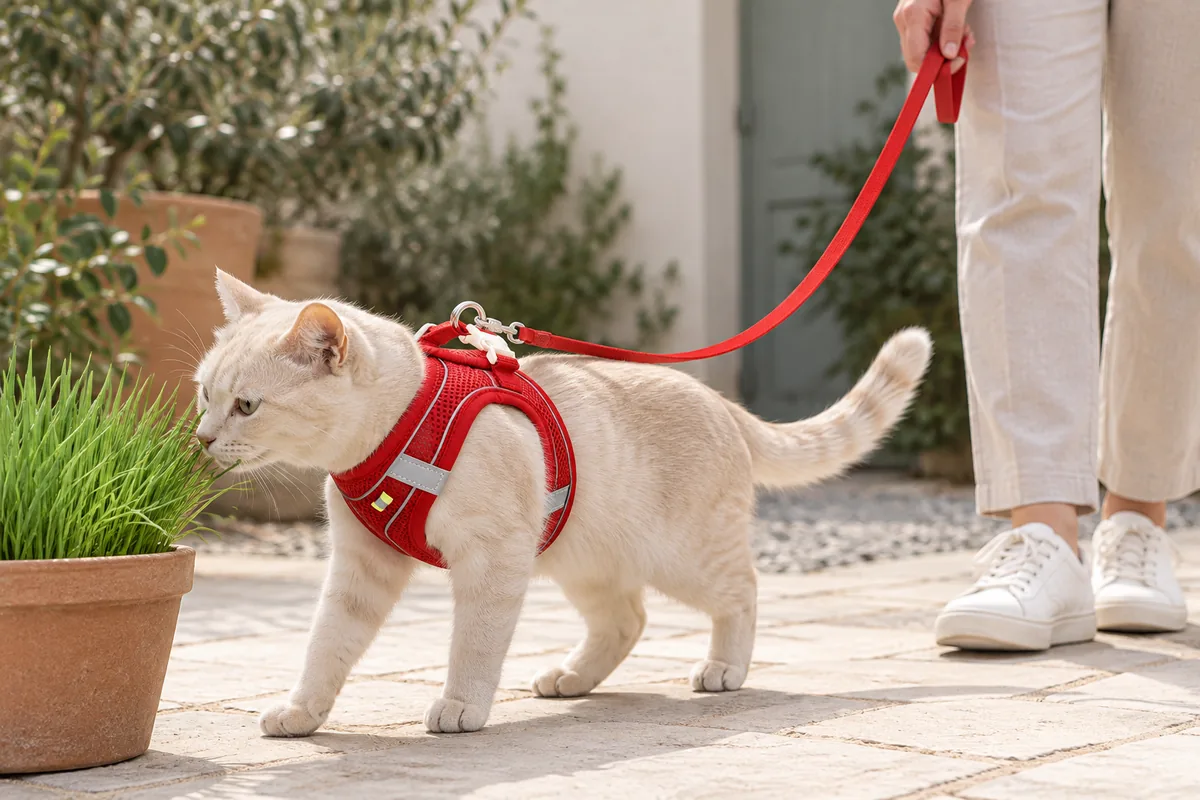 Cream cat in the red Escapaw vest pausing to sniff a planter of cat grass, its red leash falling in a loose curve to a cropped owner's hand