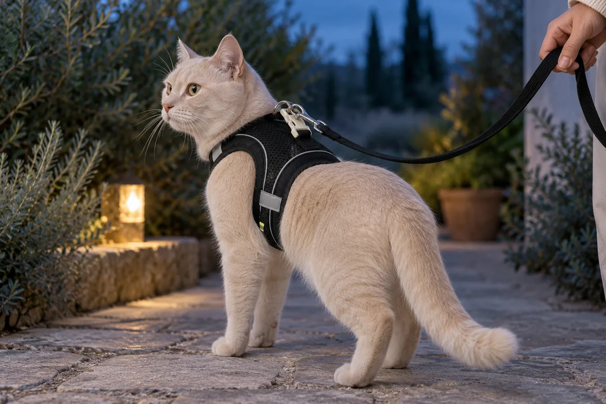 Cream cat in the black Escapaw mesh vest outdoors at dusk, its short reflective strips catching the low light