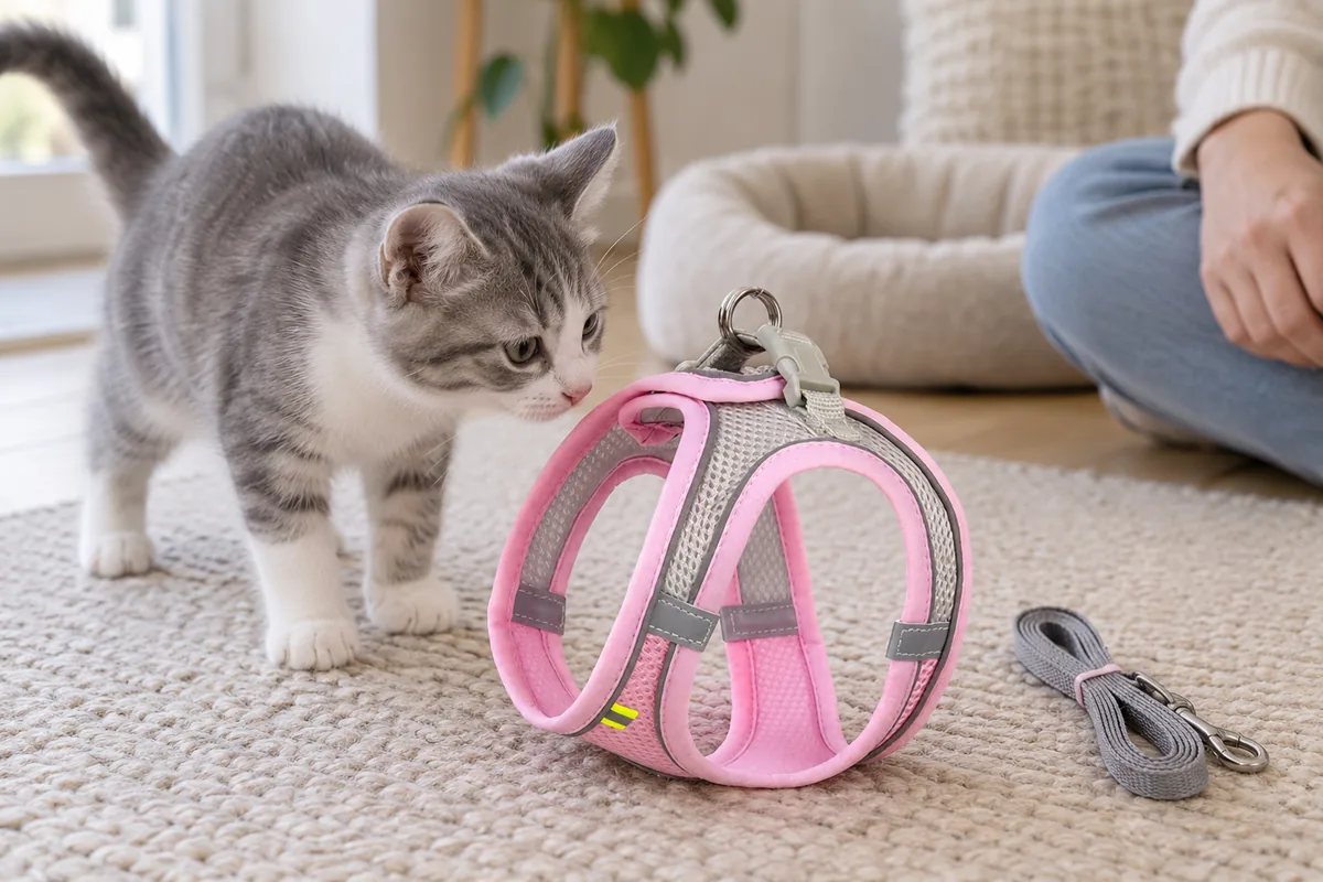 Grey-and-white kitten leaning forward to sniff the pink Escapaw vest resting on a rug, its grey leash coiled safely beside it