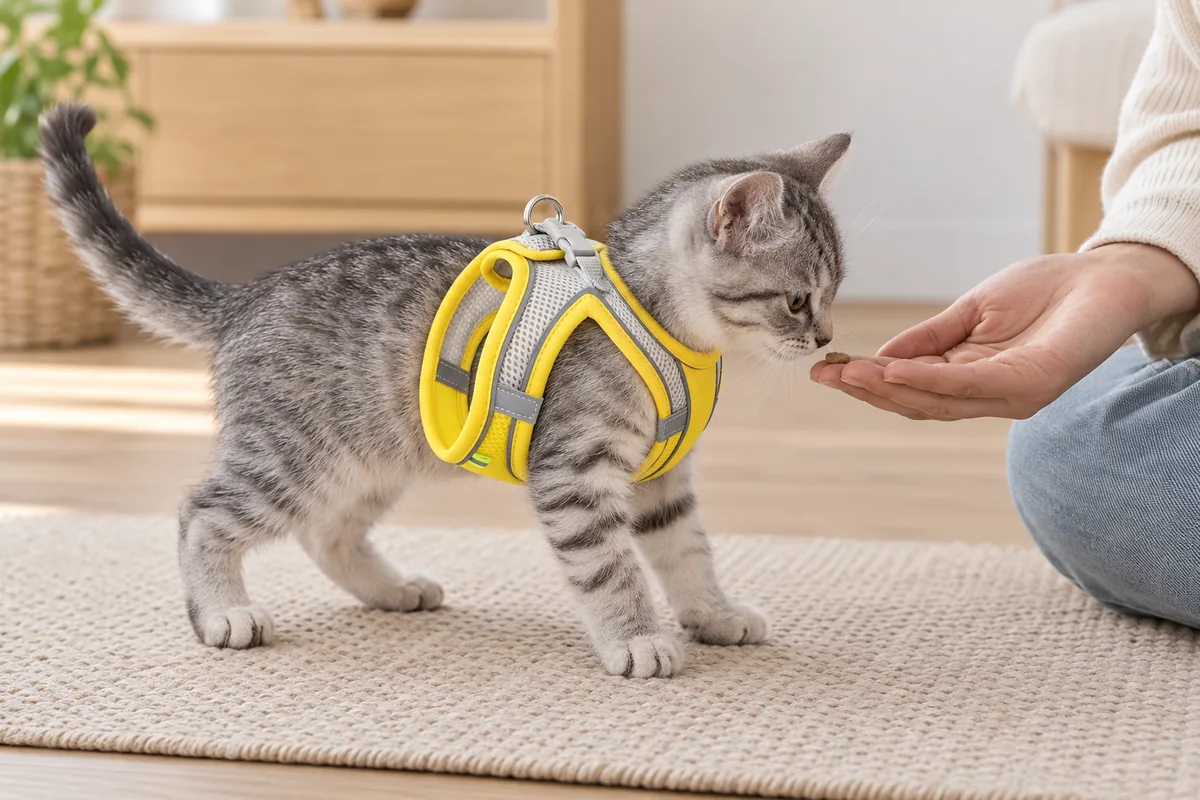 Silver tabby kitten in a correctly fitted yellow Escapaw vest reaching for a treat on an adult's open palm, with no leash attached