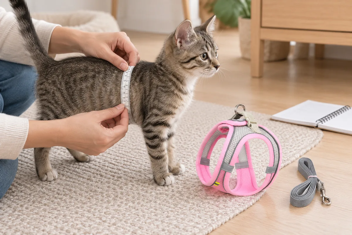 An adult re-measuring a young tabby's chest with a tailor's tape while the pink Escapaw vest and its leash rest on the floor nearby