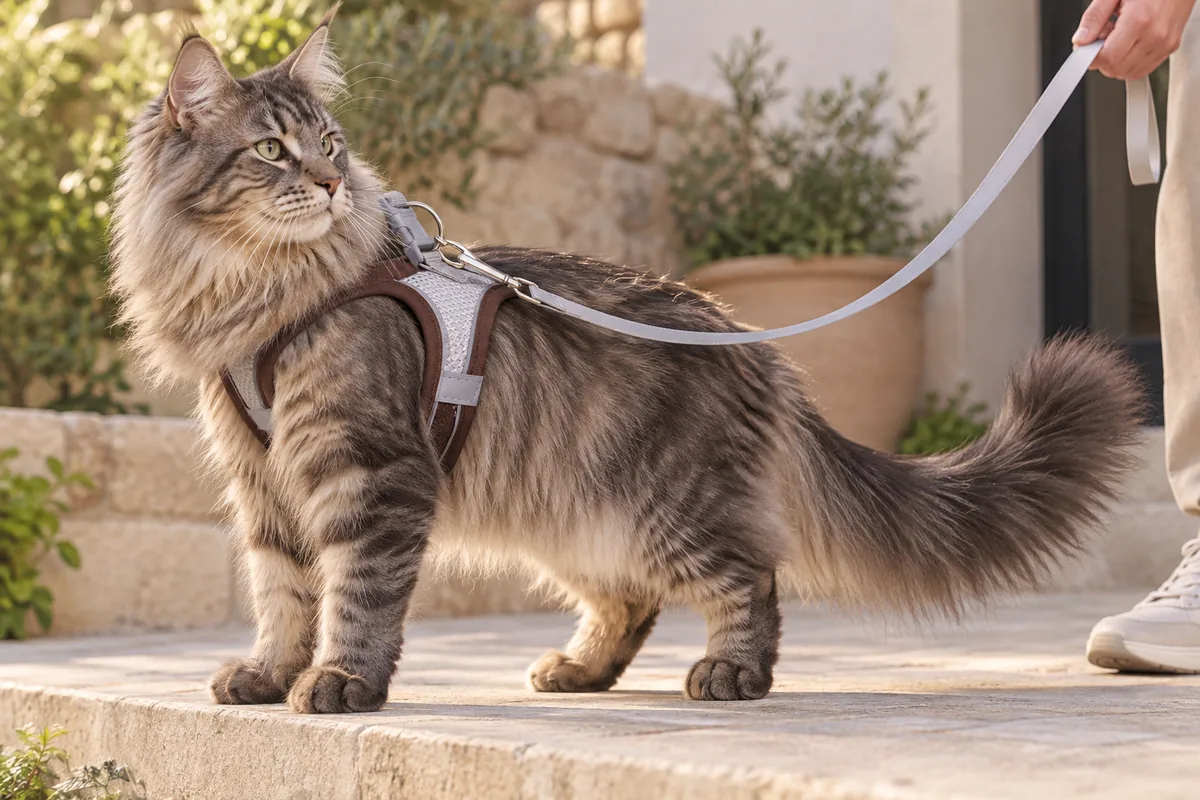 Long-haired Maine Coon type cat in the brown Escapaw mesh vest standing on a courtyard step