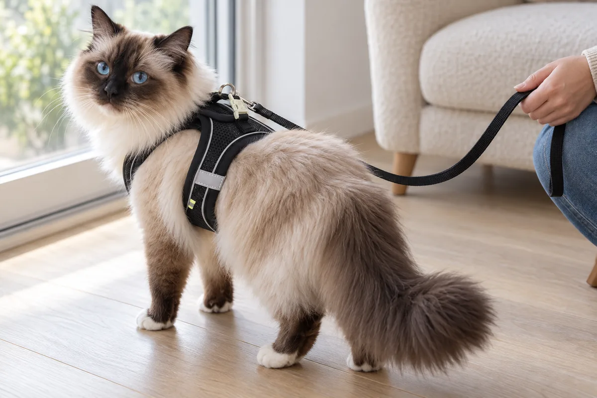 Seal-point Ragdoll standing at ease in the black Escapaw mesh vest, its black leash running slack to a seated owner's hand