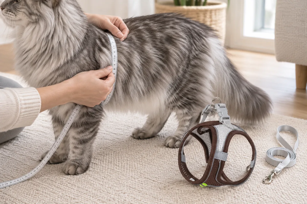 Two hands guiding a tape measure around the widest part of a long-haired cat's ribcage just behind the front legs, the brown Escapaw vest waiting on the mat