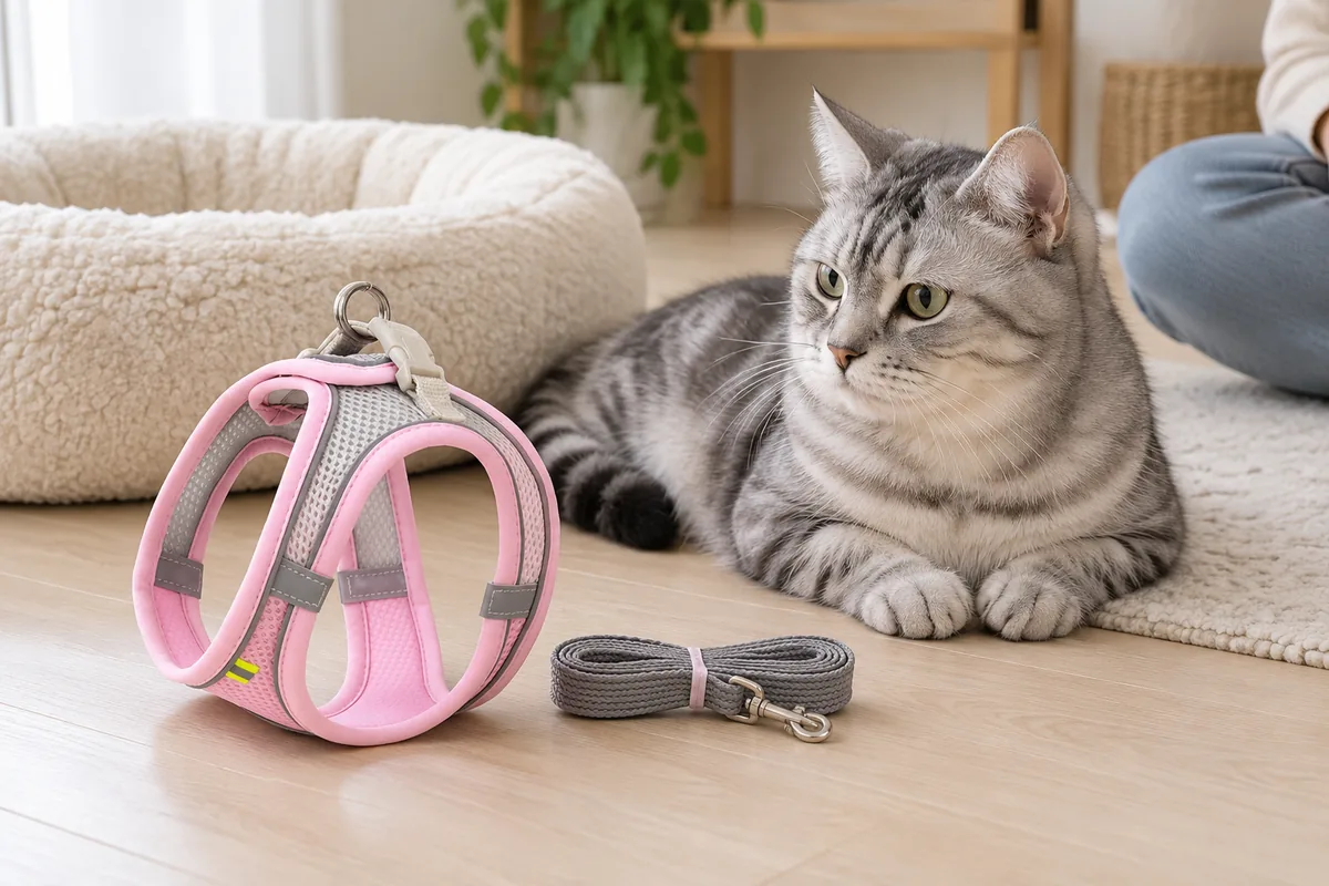 Silver tabby resting awake beside its bed while the fastened pink Escapaw vest and its coiled grey leash sit on the floor nearby