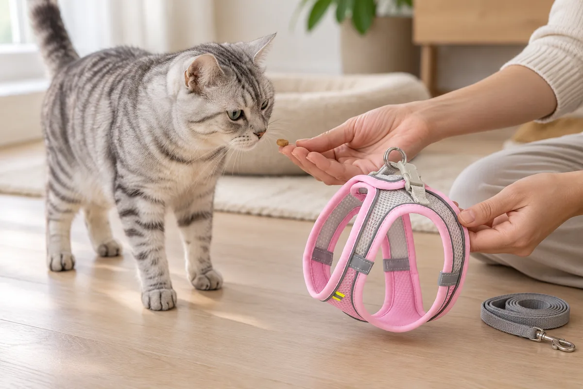 A seated adult holds the pink Escapaw vest low in one hand and offers a single treat on the open palm; the cat approaches it on its own