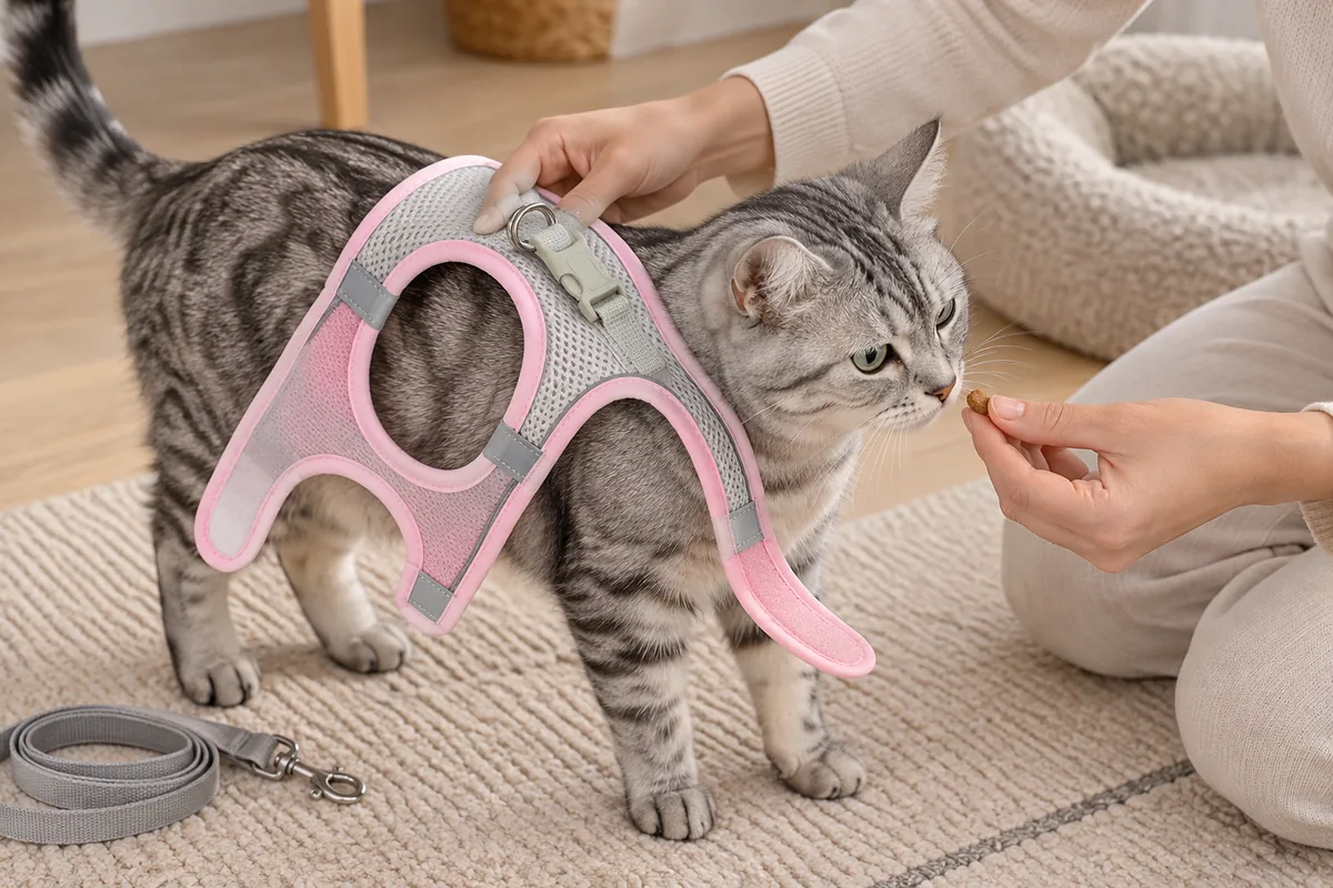 An adult resting the fully opened pink Escapaw vest across a cat's back for a brief familiarisation contact, both closure wings loose and the buckle unfastened