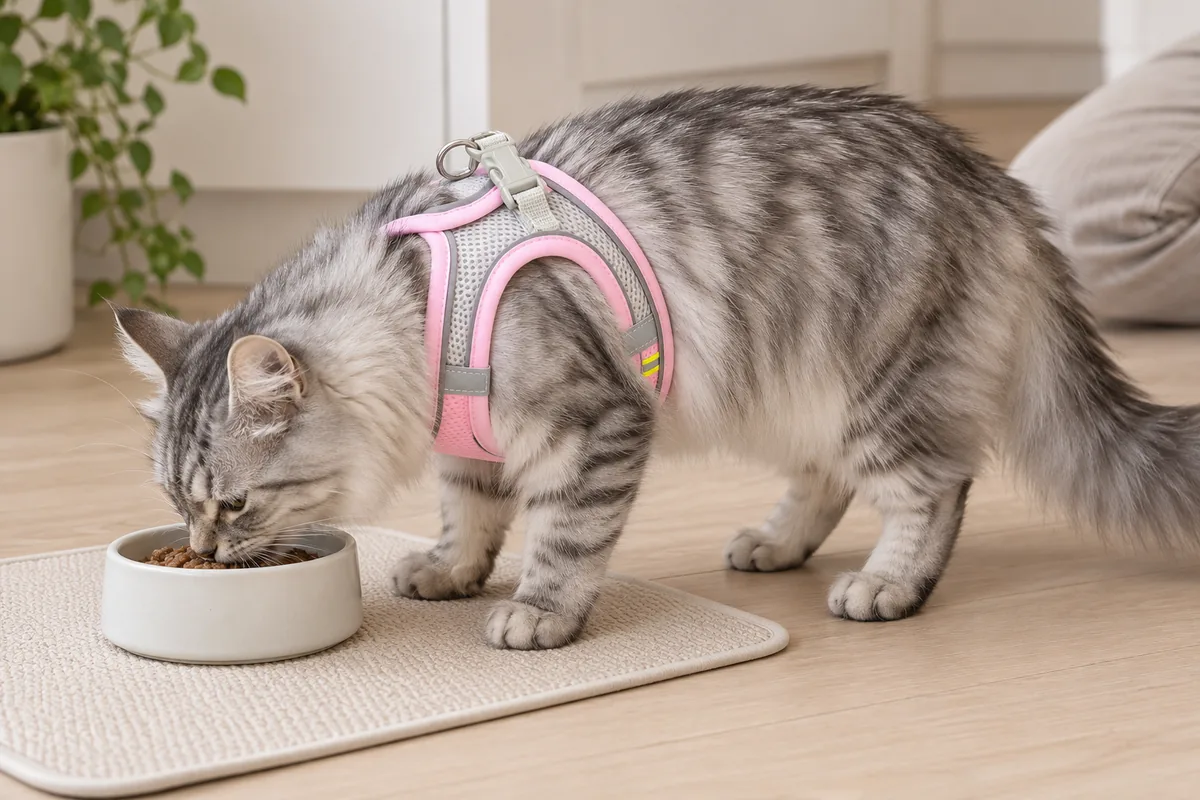 Cat eating from a shallow bowl while wearing the correctly fastened pink Escapaw vest, no leash attached