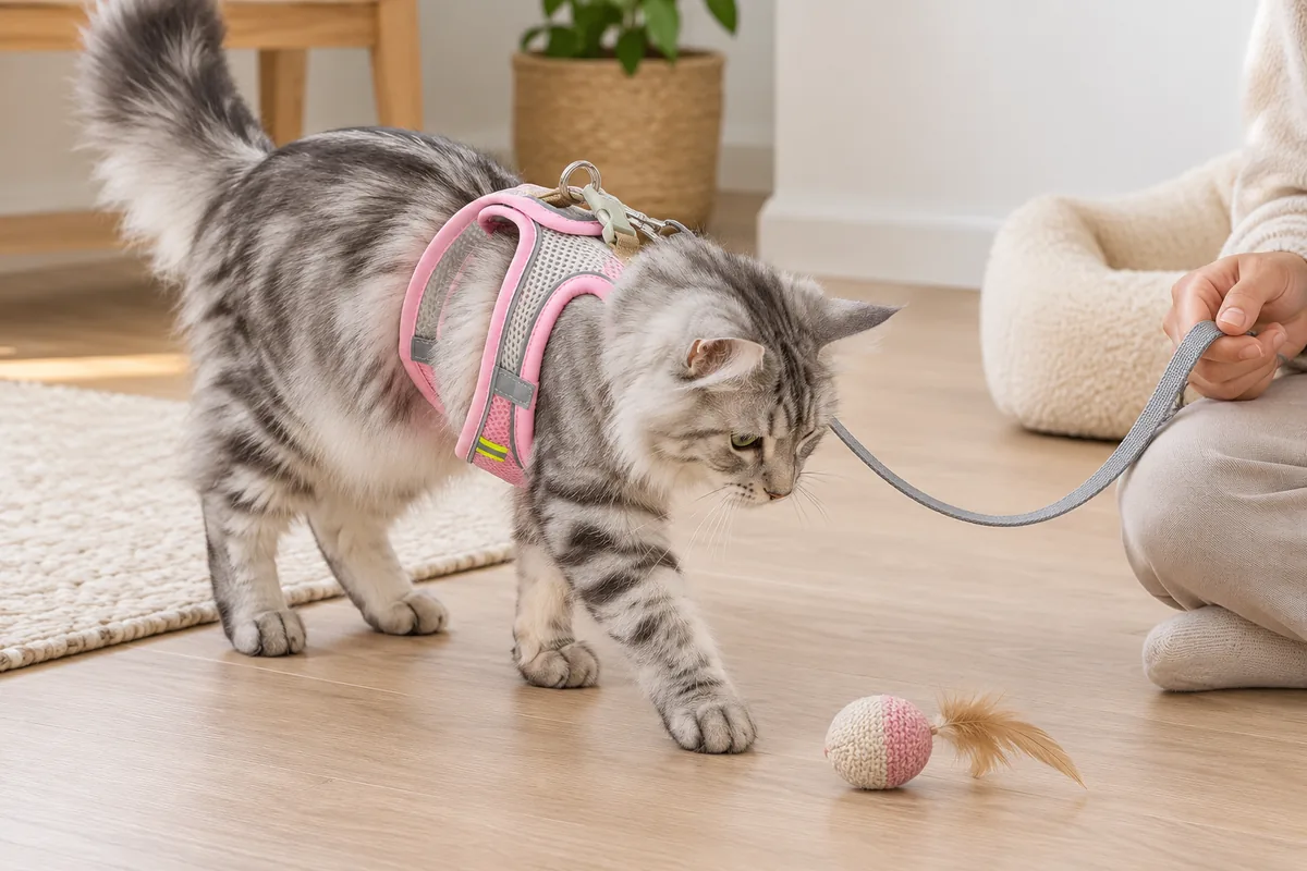 Cat taking a relaxed step toward a small fabric toy in the fastened pink Escapaw vest, the grey leash held loosely by a seated owner