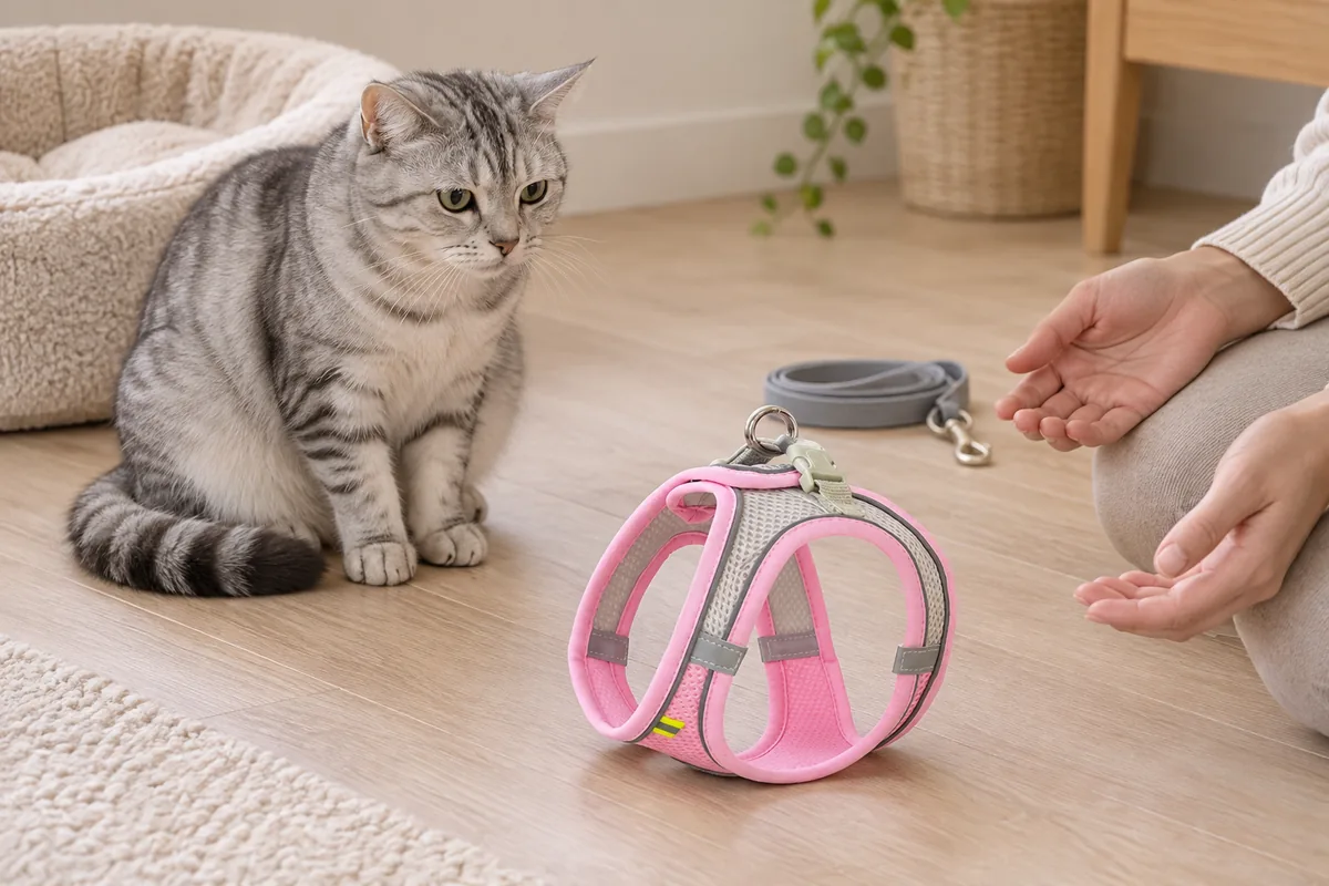 Cat sitting in a low hesitant posture after the owner paused the session, the pink Escapaw vest resting on the floor beside two relaxed open hands