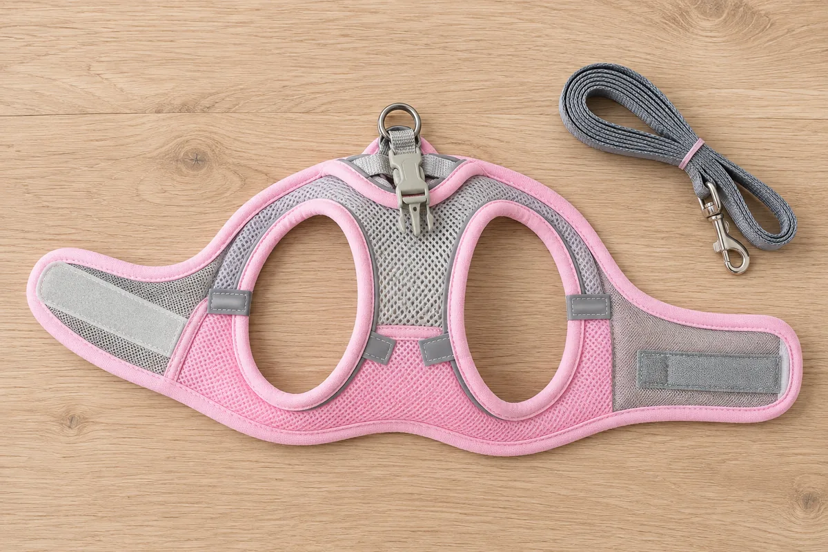 The pink Escapaw vest laid completely open and flat, showing its two oval front-leg openings, the hook-and-loop wings and the cream dorsal buckle, with the grey leash coiled beside it