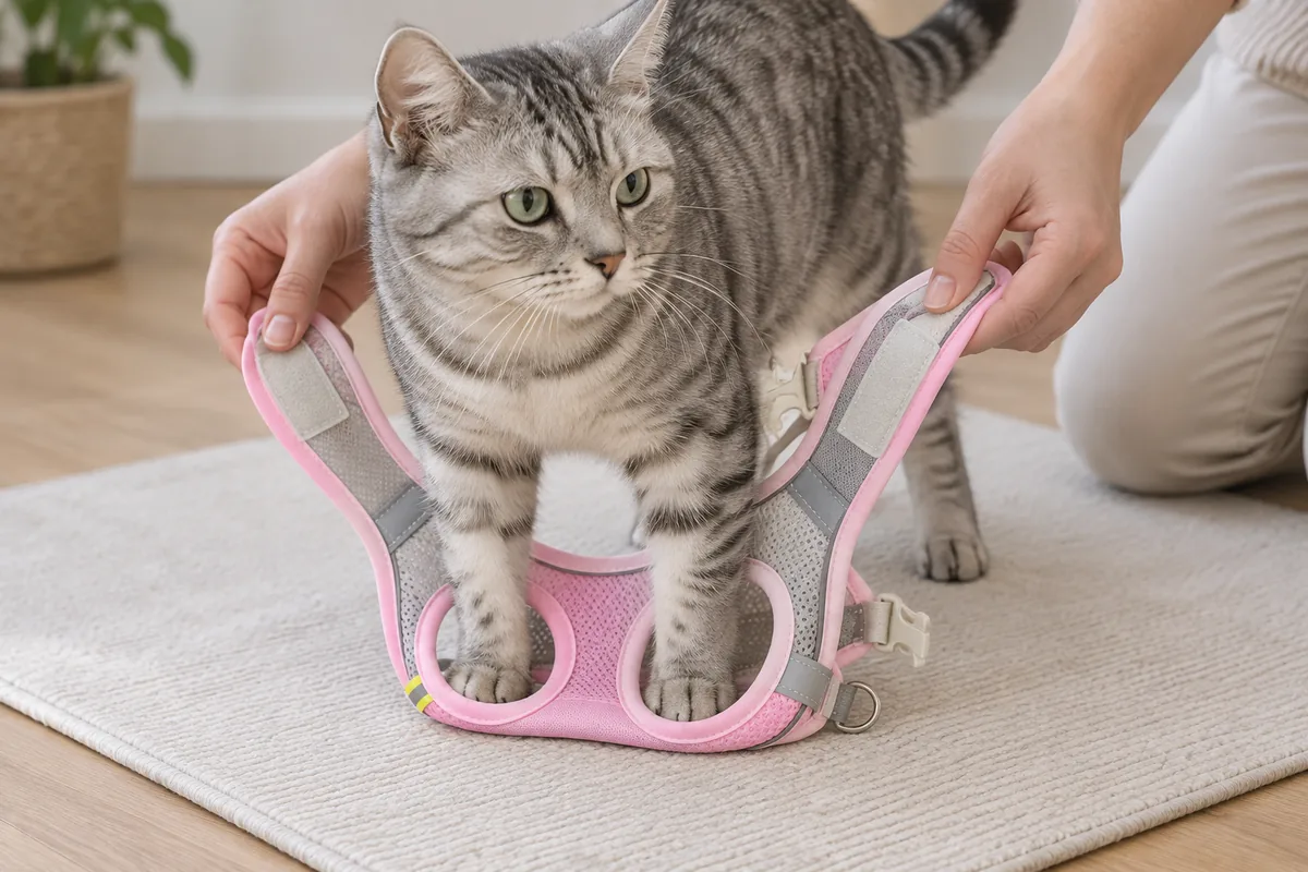 Hands settling the opened pink Escapaw vest under a standing cat, one front paw already through each of the two oval leg openings