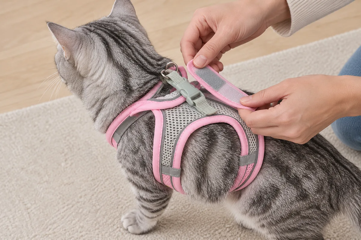A hand pressing the hook-and-loop panel of the pink Escapaw vest flat along the cat's back before the buckle is closed