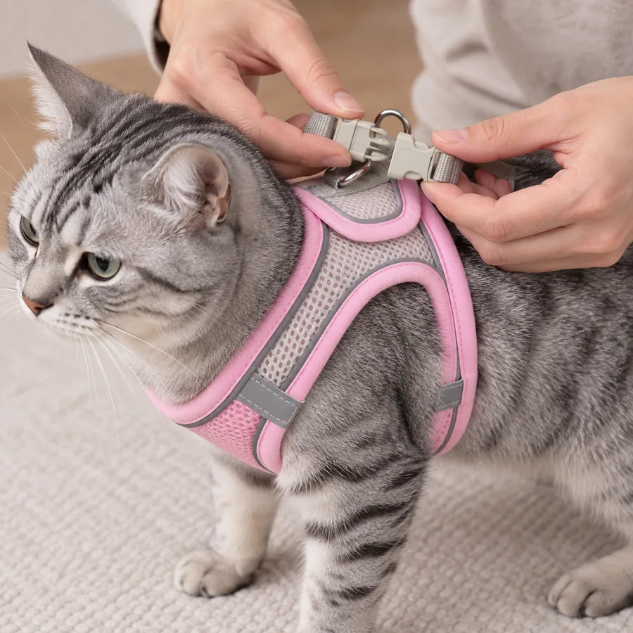 Two hands bringing the halves of the cream dorsal buckle together over the cat's shoulders, the pink vest already closed underneath