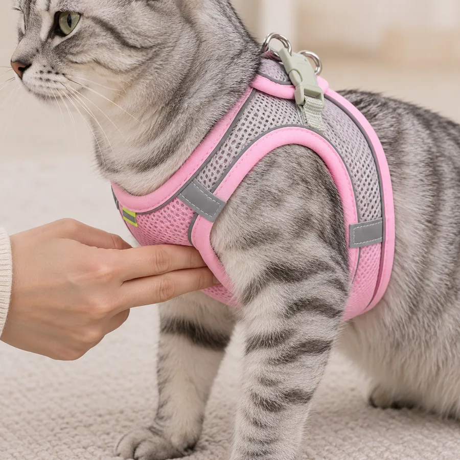 Index and middle finger held flat, slid together under the padded side edge of the pink Escapaw vest just behind the front leg
