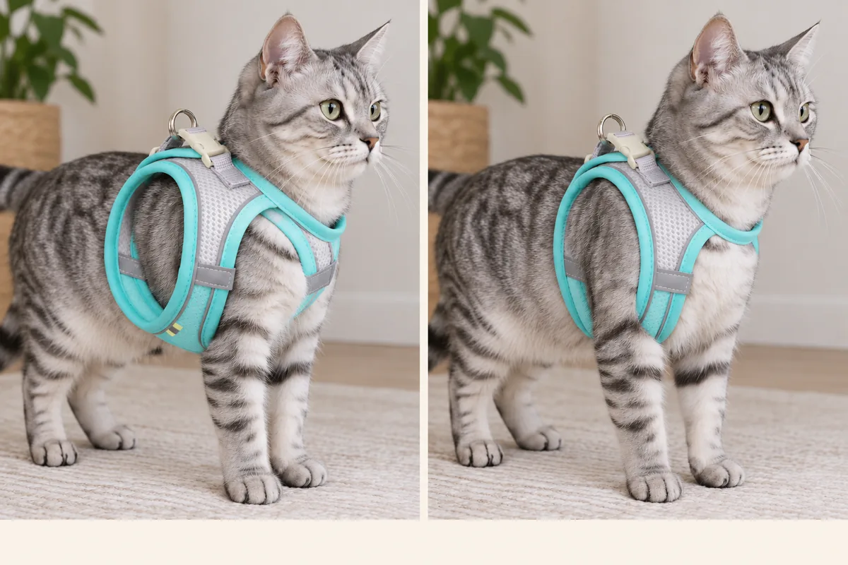 Two matched photographs of the same cat in the mint Escapaw vest: on the left the vest stands away from the body, on the right it lies flat along the chest