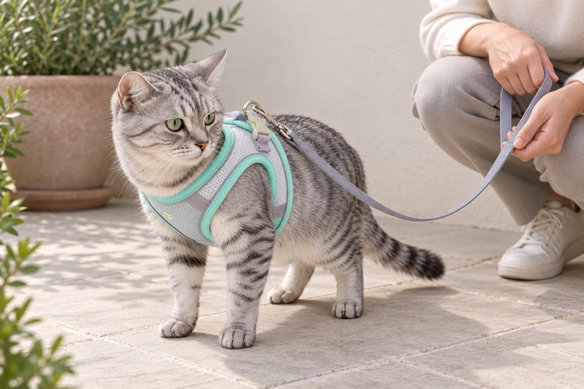 Cat shifting one small step backward on an enclosed patio, still correctly inside the mint Escapaw vest, while the owner brings the leash hand closer to keep the line slack