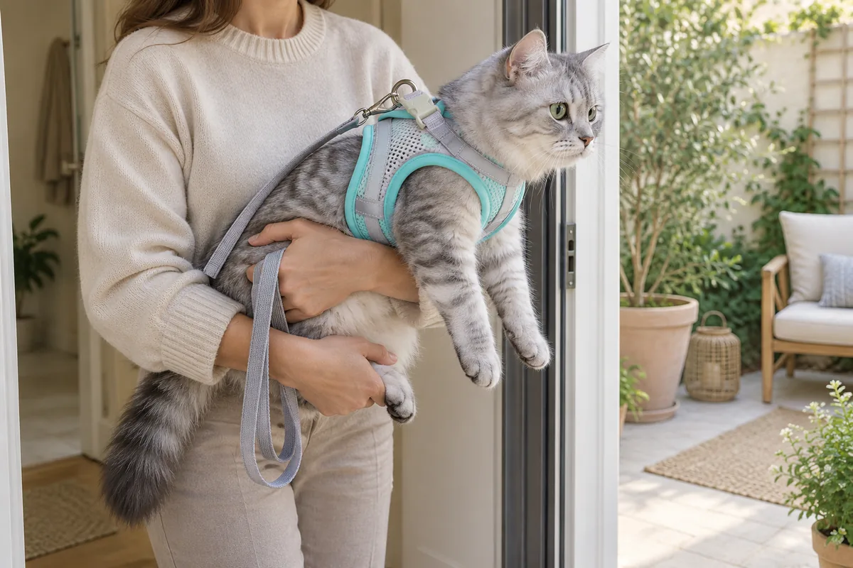 Cat in the fastened mint Escapaw vest carried over the threshold onto a small enclosed patio, supported under the chest and hindquarters rather than by the harness