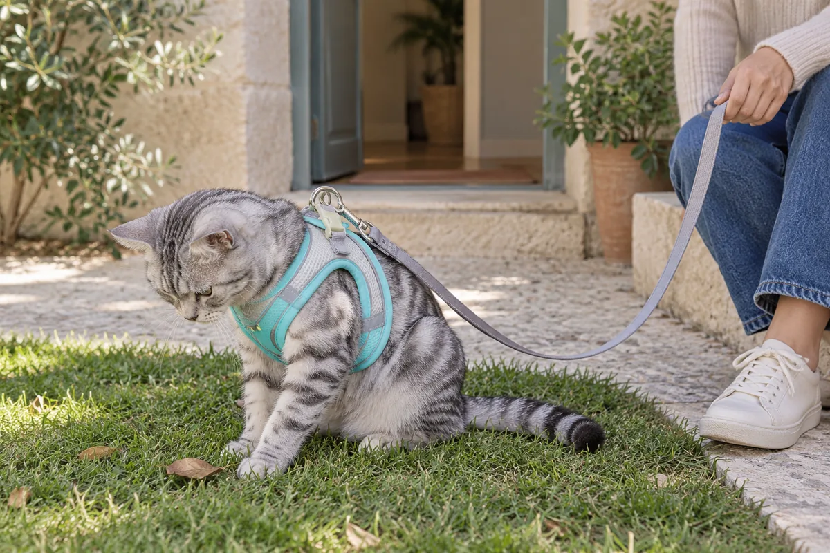 Silver tabby in the mint Escapaw vest sitting on a patch of grass a few steps from an open doorway, the grey leash curving loosely to a seated owner