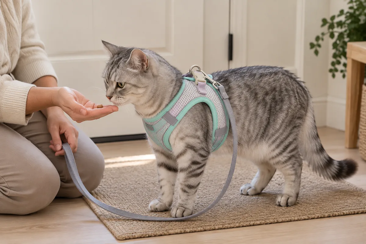 Cat back indoors on an entryway mat still wearing the mint Escapaw vest, an adult kneeling beside it with a single treat on an open palm and the leash slack