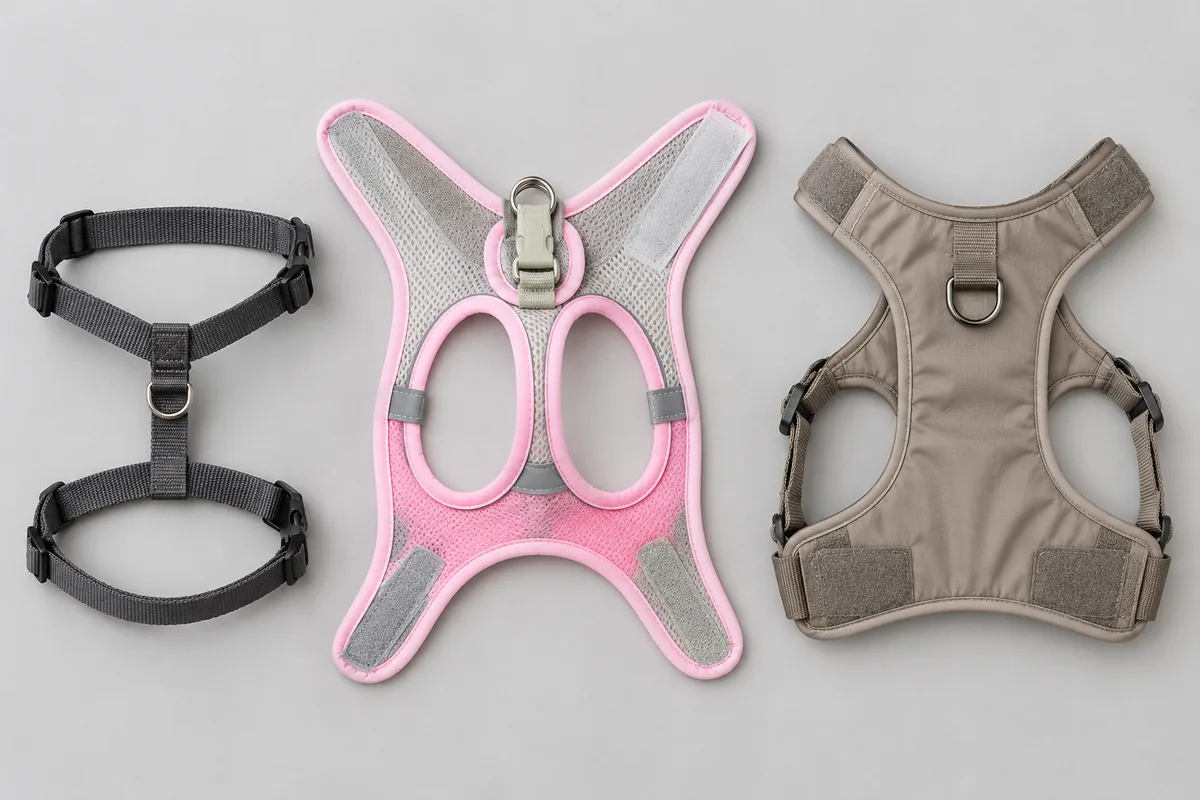Overhead comparison of three harness geometries: a charcoal H-harness, the Escapaw mesh vest opened flat with its two oval leg openings, and a taupe full-body jacket