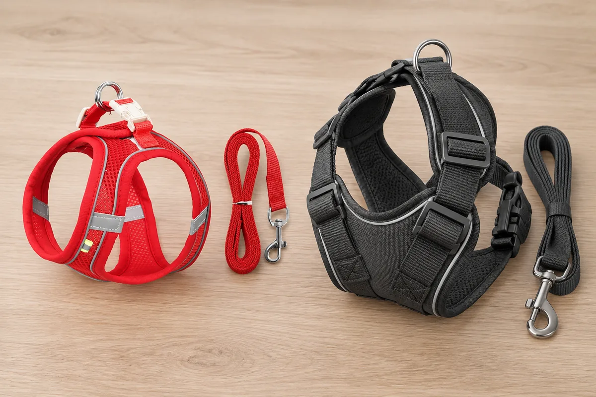 The red Escapaw cat harness and its light leash beside a broad charcoal dog harness with much wider webbing and a heavier clasp