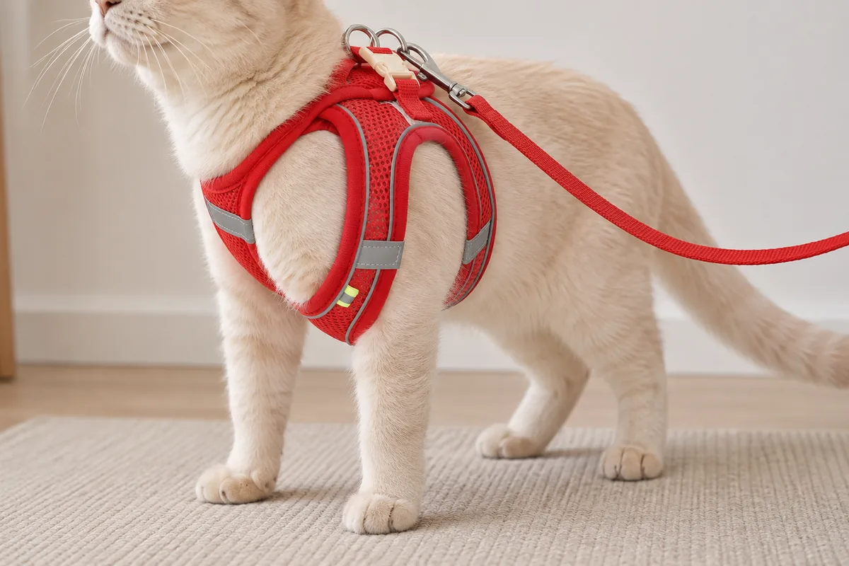 Close side view of a cream cat in the red Escapaw vest: the padded opening follows the base of the front leg and the elbow moves freely