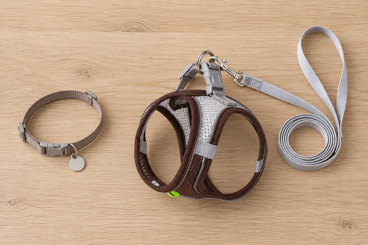 Overhead still life: a slim taupe breakaway collar with a blank tag on the left, the brown Escapaw vest with its leash clipped through the dorsal ring on the right