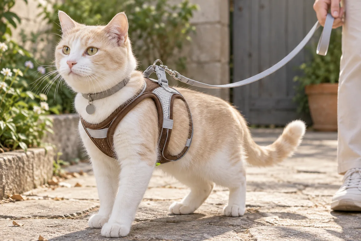 Cream cat wearing both a slim taupe collar and the brown Escapaw mesh vest, the grey leash clipped to the vest's dorsal ring rather than the collar