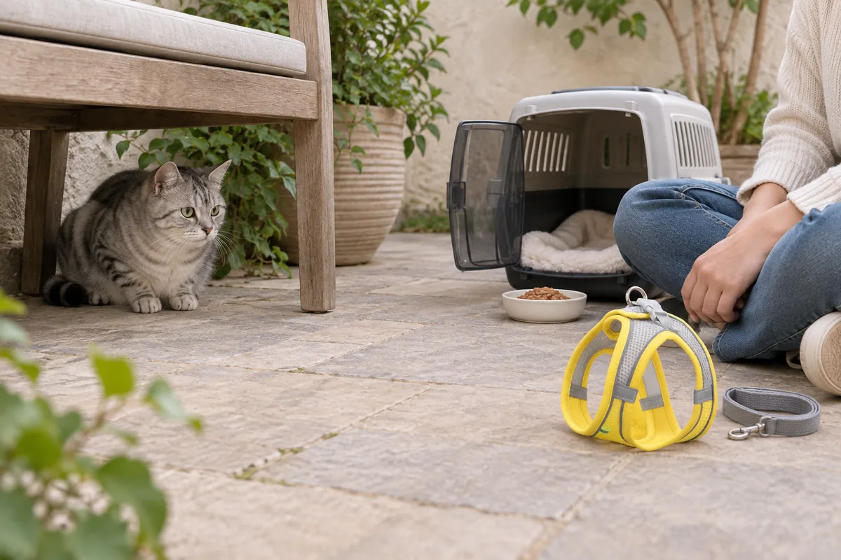 A cat crouched under a garden bench while a person sits calmly a few feet away beside an open carrier, the empty yellow Escapaw vest resting near their knee