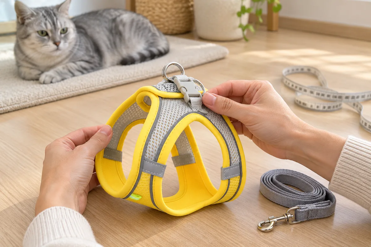 Two hands examining the yellow Escapaw vest on a table, checking the cream buckle and its webbing anchor, the leash and a tape measure beside it