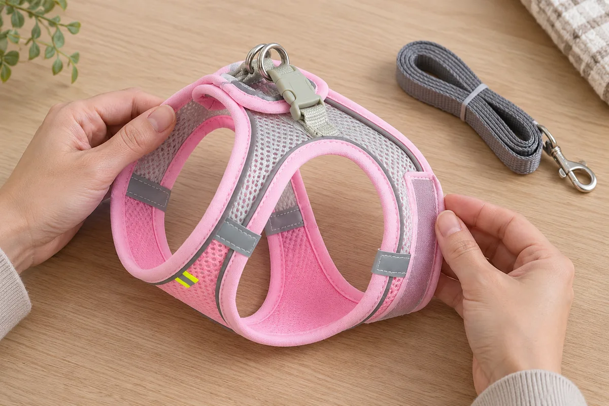 Two hands holding opposite edges of the closed pink Escapaw vest, showing the hook-and-loop overlap pressed flat under the fully engaged cream buckle