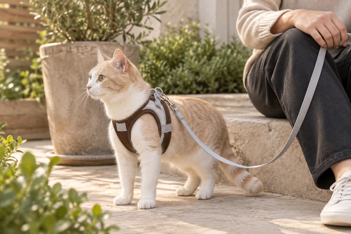 Cream cat in the brown Escapaw mesh vest standing beside a seated owner on a low garden step, the grey leash resting slack in their hand